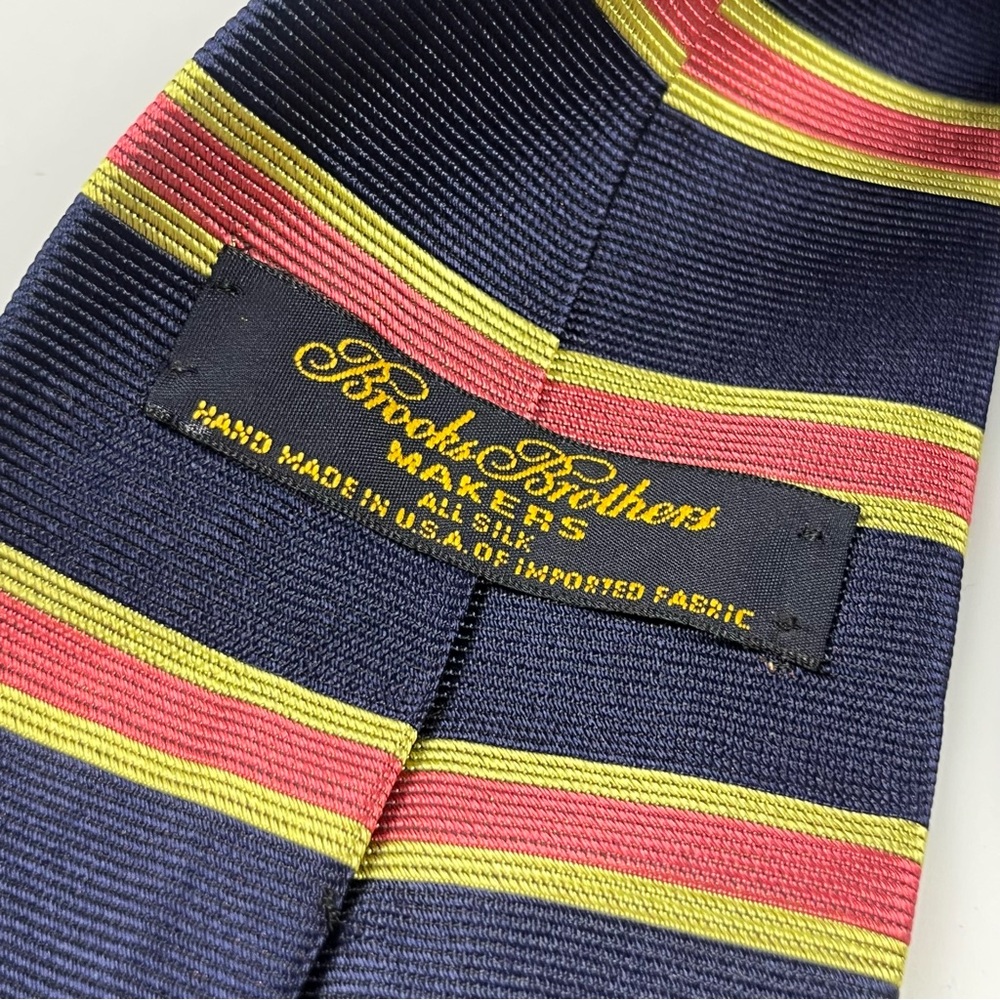 Brooks Brothers Makers Mens Vintage Silk Tie Navy Blue Gold Pink Striped